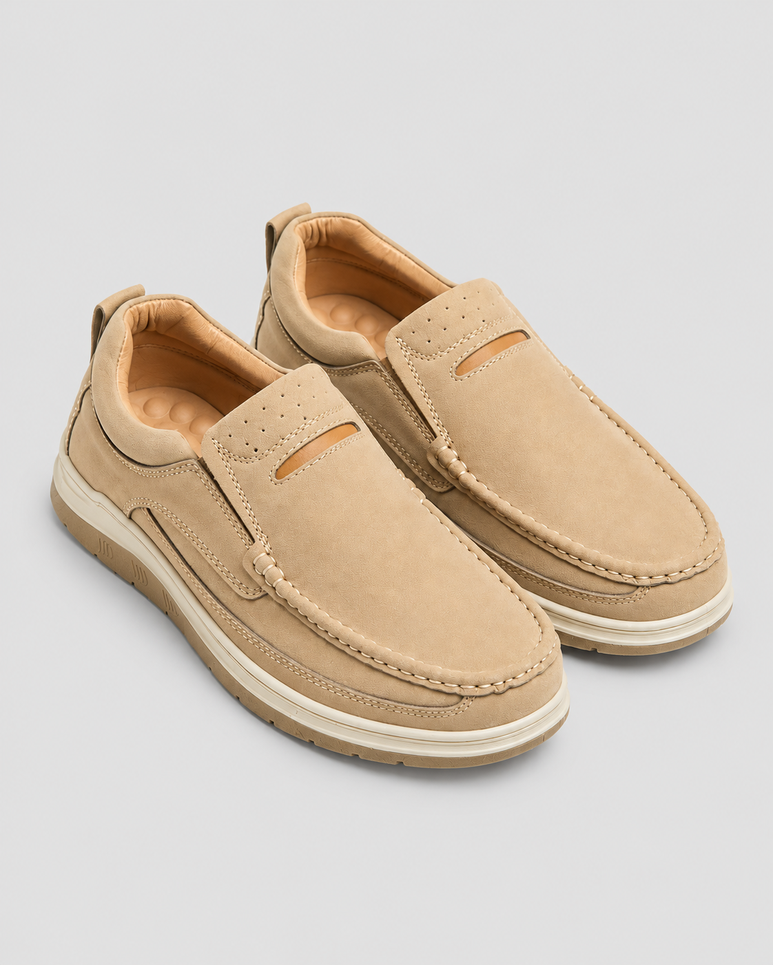 Men’s Beige Soft-Touch Medicated Loafer Suede Jogger | Non-Slip Ergonomic Sole – Pure Handmade Comfort — studio light grey background