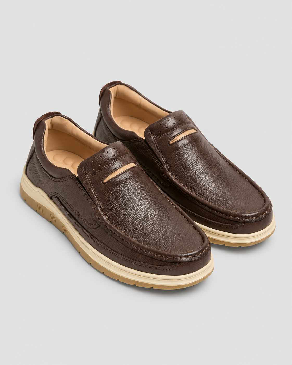Premium Handcrafted Leather Dark Brown Medicated Comfort Insole | Durable Shock Absorber Sole – Ultimate Daily Wear Comfort — studio light grey background