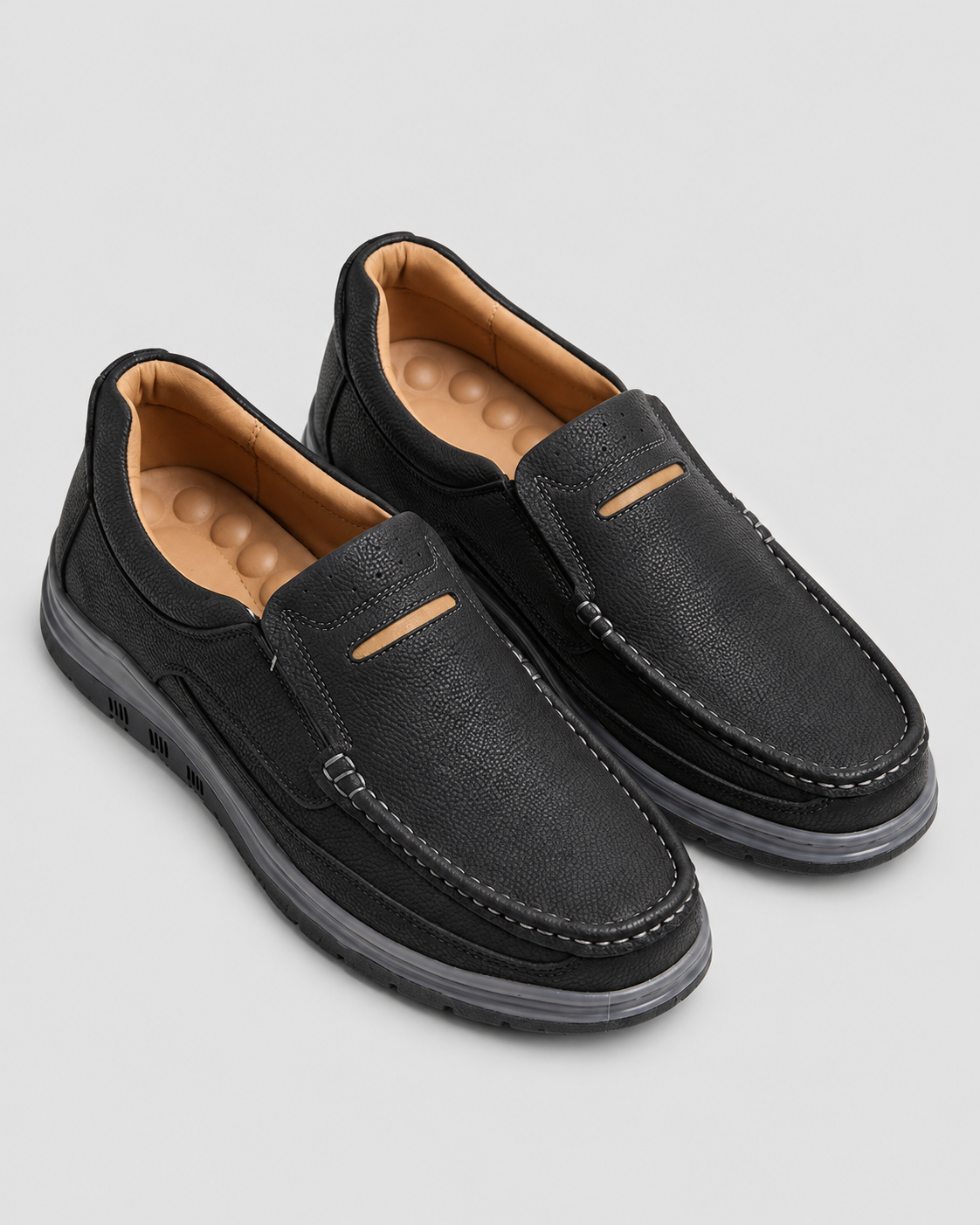 Premium Handcrafted Black Grey Sole Medicated Comfort Insole | Durable Shock Absorber Sole – Ultimate Daily Wear Comfort — studio light grey background
